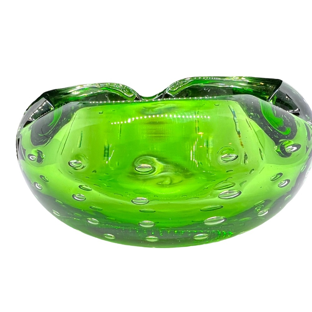 Vintage 1960s Green Mid Century Art Glass Ashtray